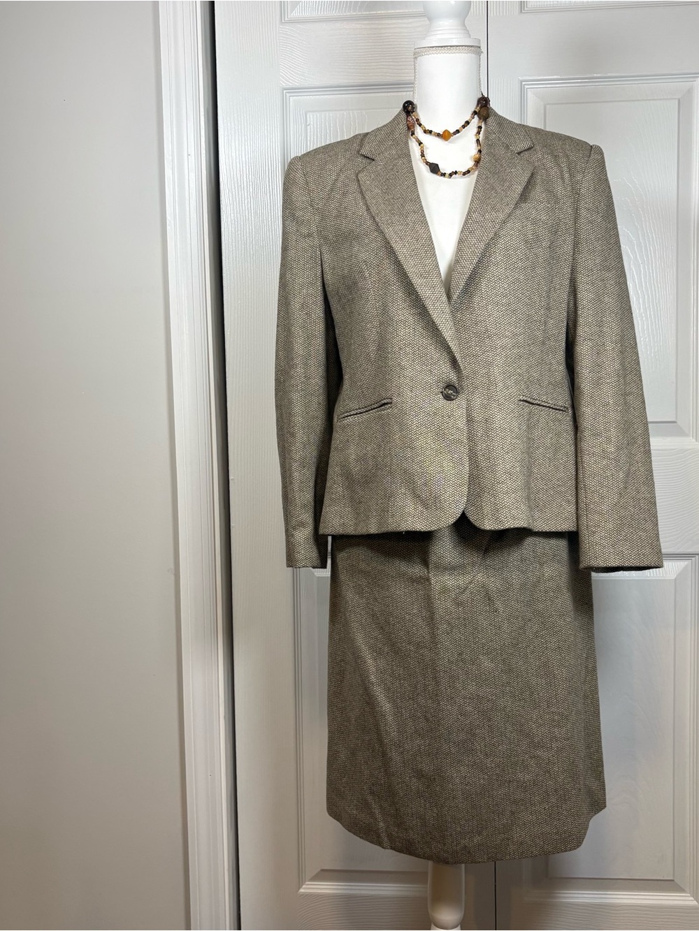 Vintage 90s Wool Skirt Suit Set Olive Taupe Power Suit Blazer M/L